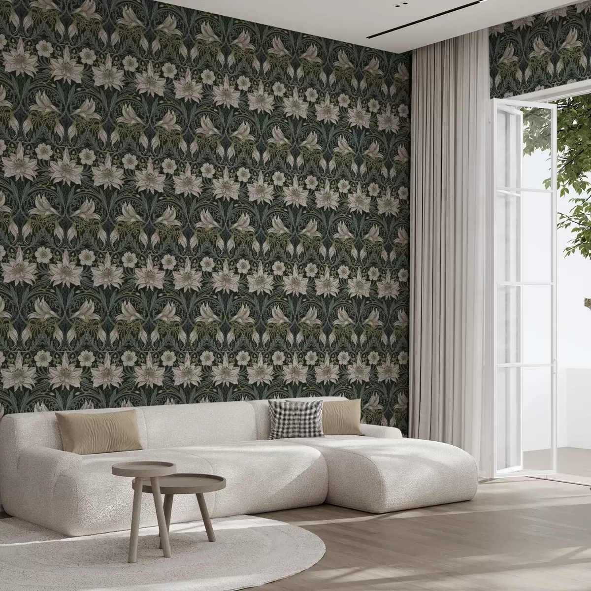 Tapetai Art Nouveau kompozicija su lelijomis tamsiame fone a00696
