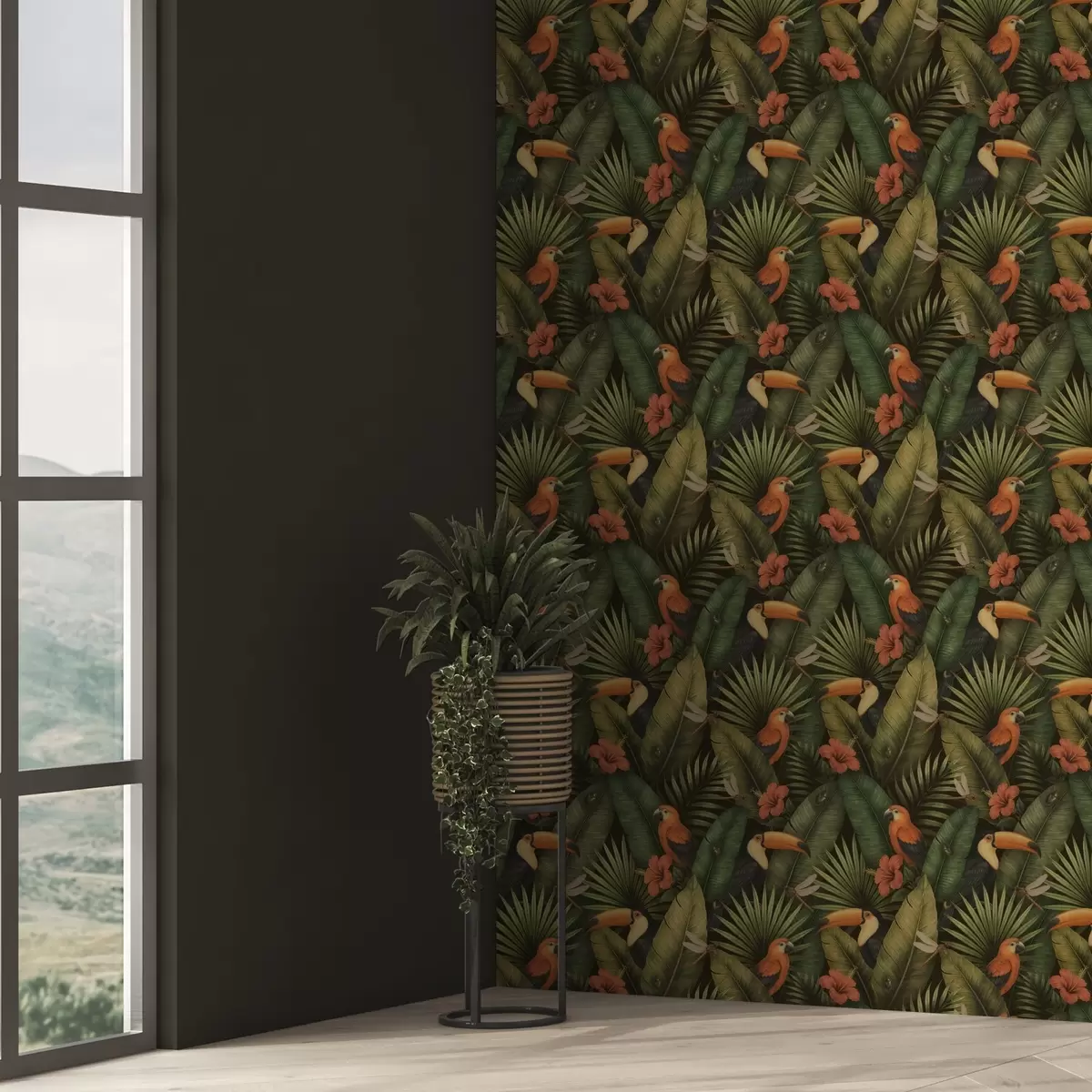 Tapetai Tukanas ir papūgos tarp tropinių lapų ir gėlių a00702