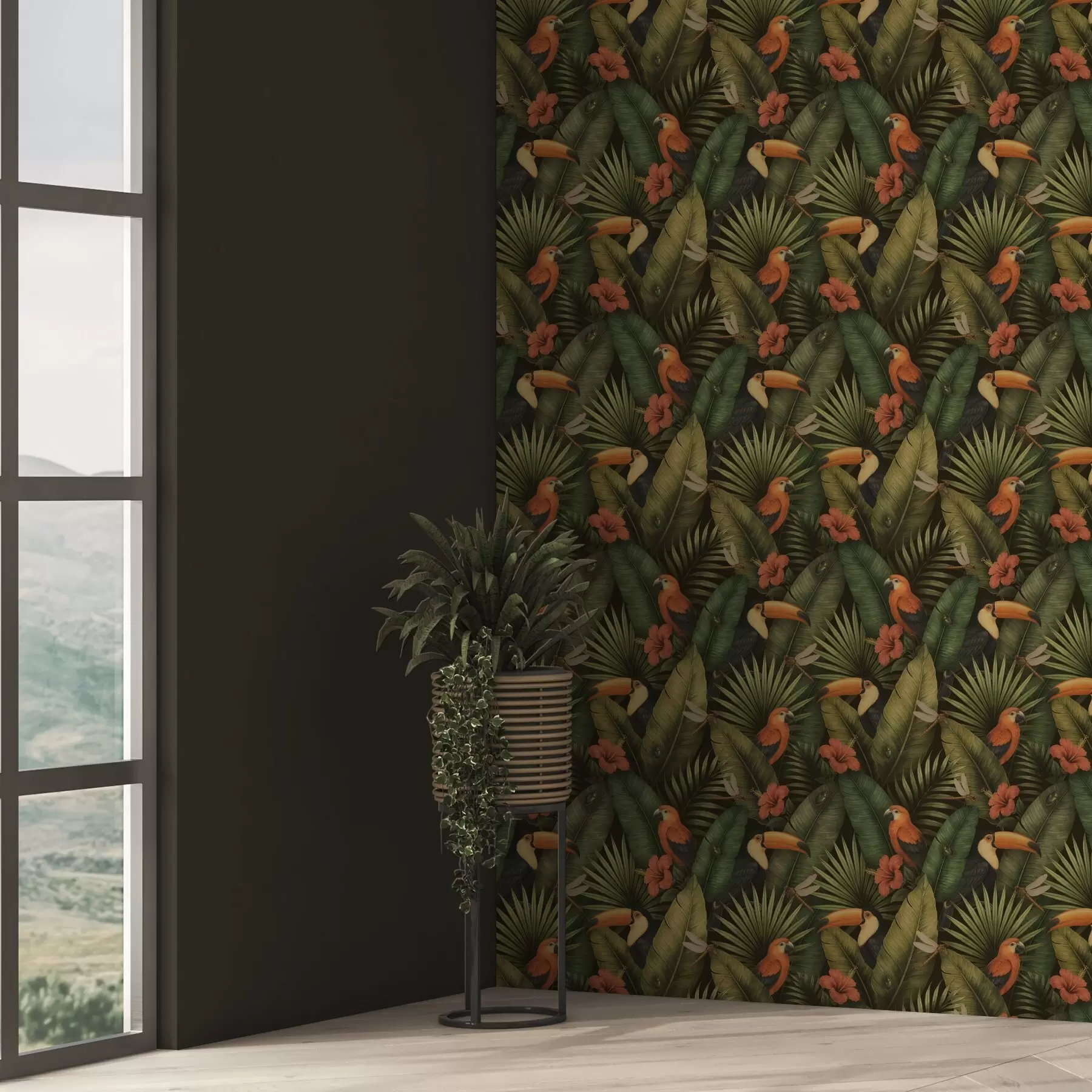 Fototapetai Tukanas ir papūgos tarp tropinių lapų ir gėlių a00702