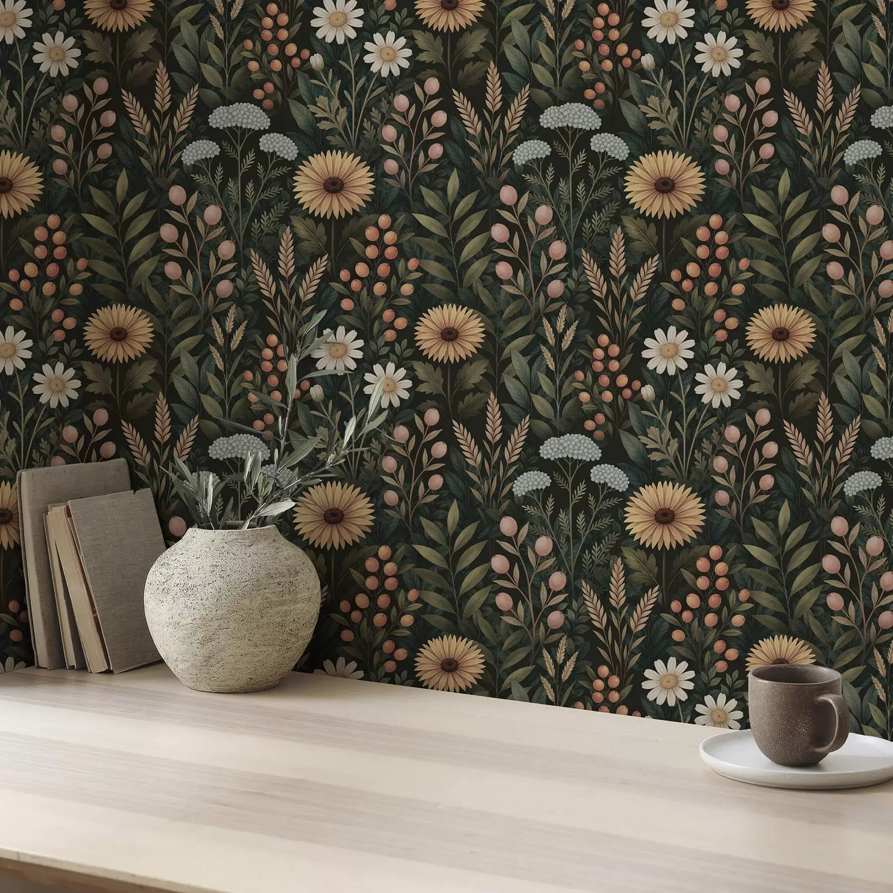 Fototapetai Laukinės gėlės ir uogos ant tamsaus fono, natūralus ornamentas a00707