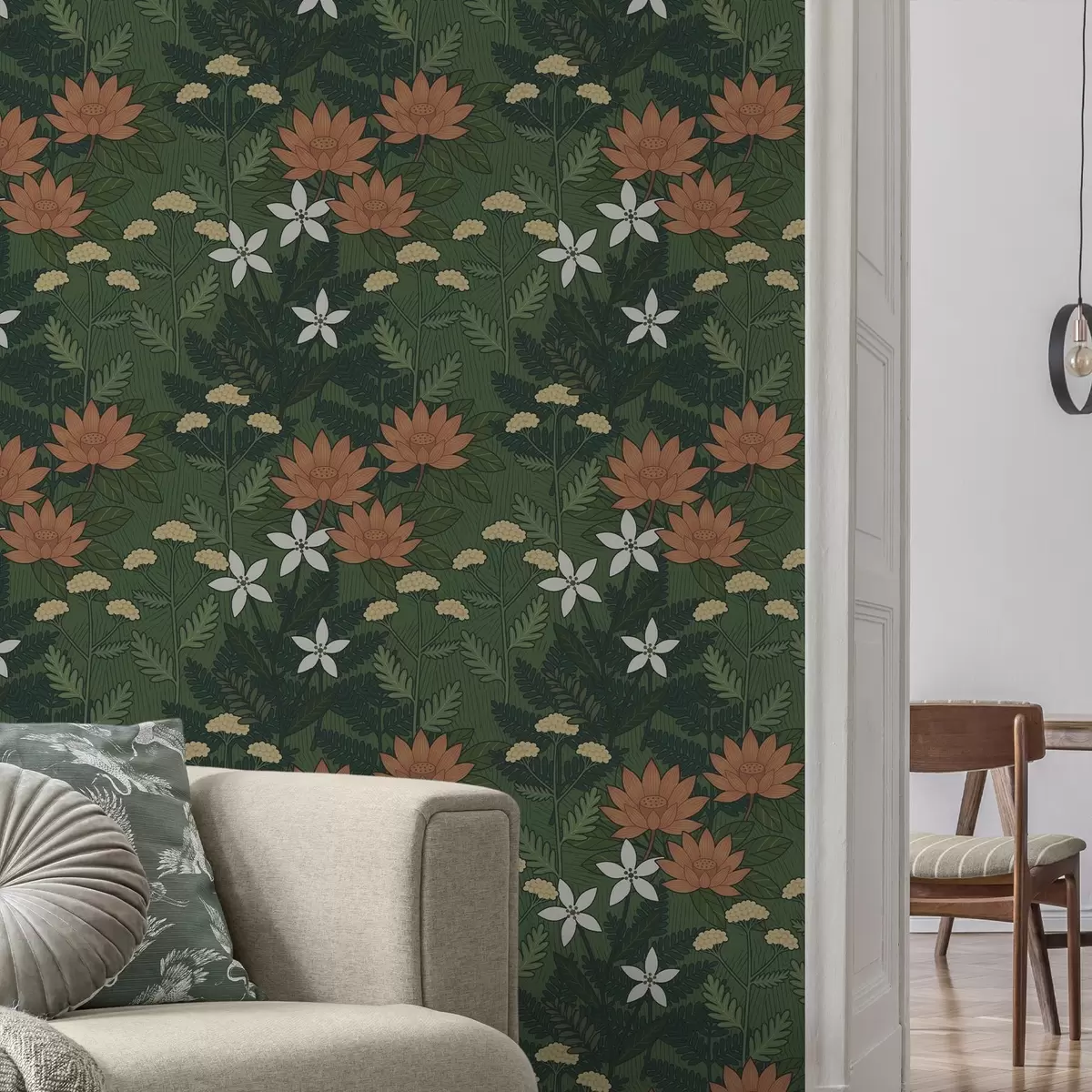 Tapetai Didelės gėlės tarp žalių lapų, dekoratyvinė kompozicija a00708