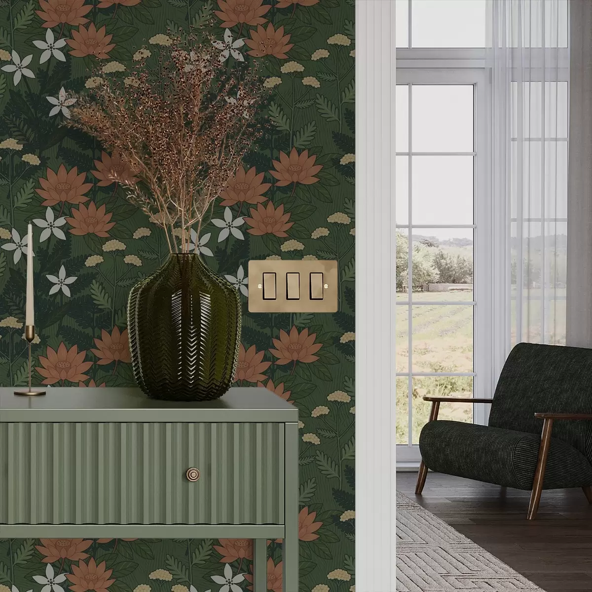 Tapetai Didelės gėlės tarp žalių lapų, dekoratyvinė kompozicija a00708