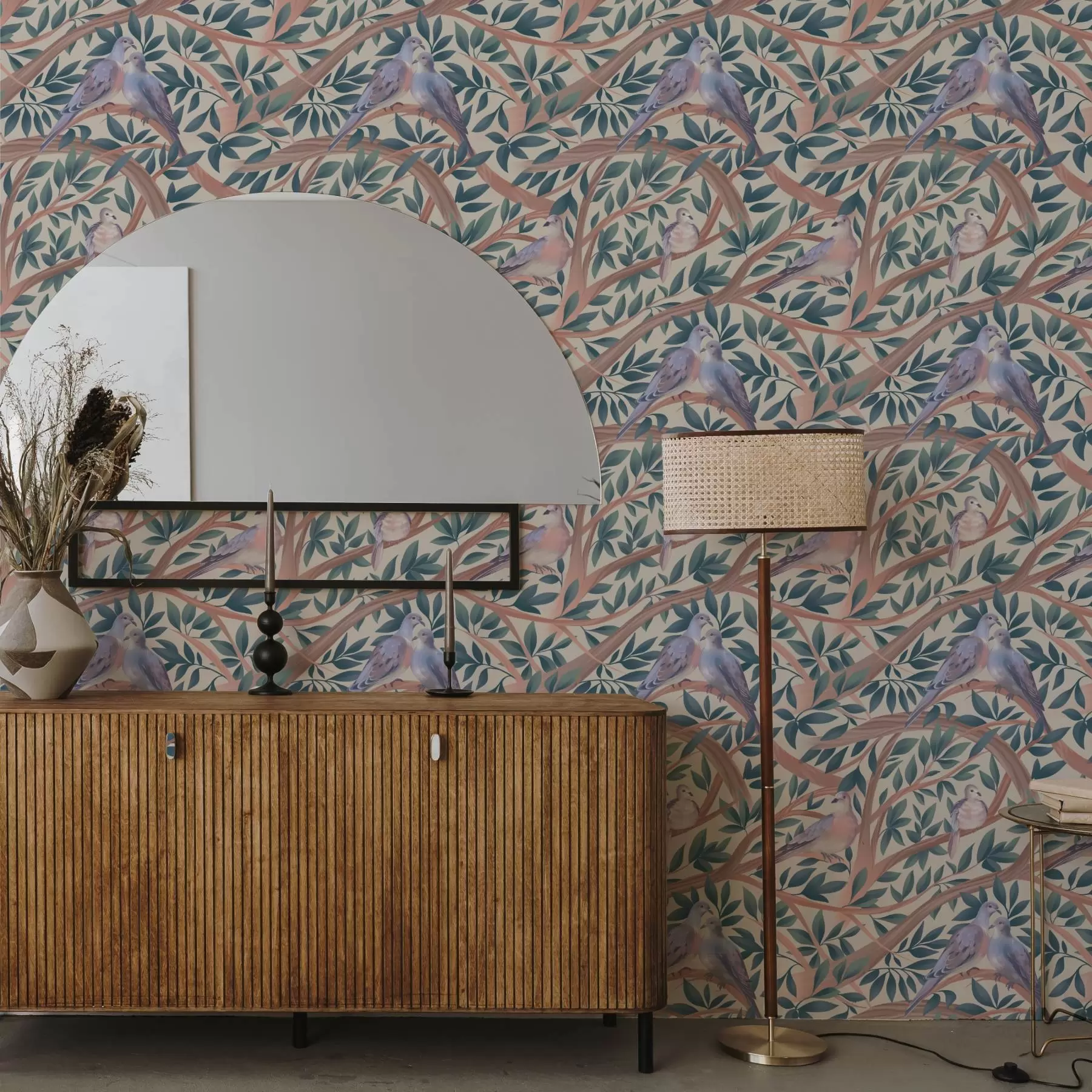 Fototapetai Balandžiai tarp šakų ir lapų švelnios pastelinių spalvų paletėje a00796