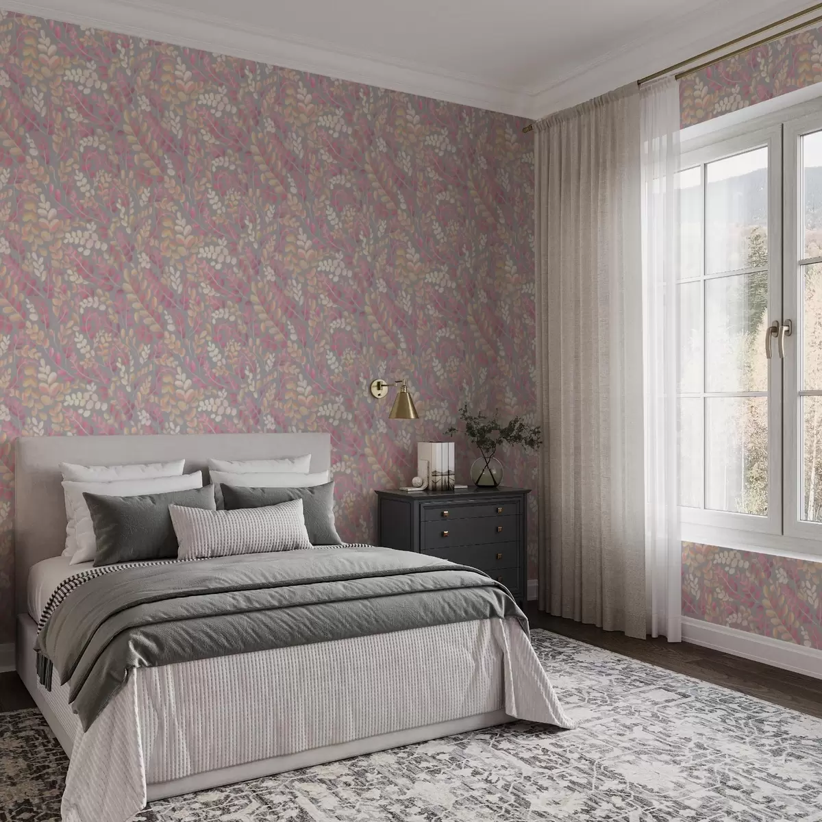 Tapetai Pastelinės šakos su rausvai persikų spalvos lapija ant pilko fono a00799v1