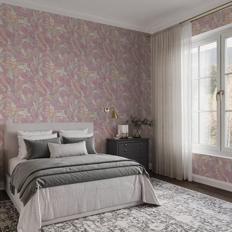 Fototapetai Pastelinės šakos su rausvai persikų spalvos lapija ant pilko fono a00799v1