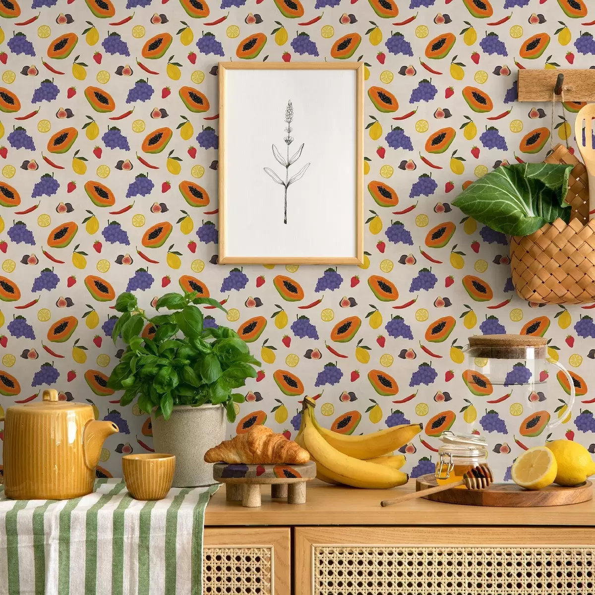 Tapetai Papajos, vynuogės ir citrinos – ryškus vaisių mišinys a00803 Tapetai Papajos, vynuogės ir citrinos – ryškus vaisių mišinys a00803