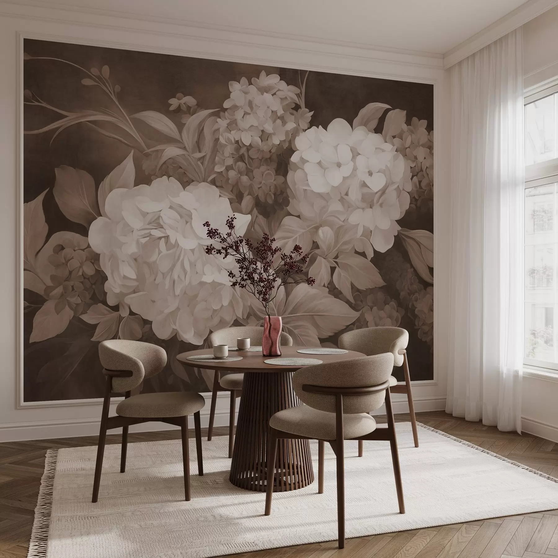 Fototapetai Tekstūruotas sepijos dažais tapytas hortenzijų žiedų su dideliais lapais imitacija, abstraktus ir tamsus fonas w09465 - Uwalls.lt Fototapetai Tekstūruotas sepijos dažais tapytas hortenzijų žiedų su dideliais lapais imitacija, abstraktus ir tamsus fonas w09465