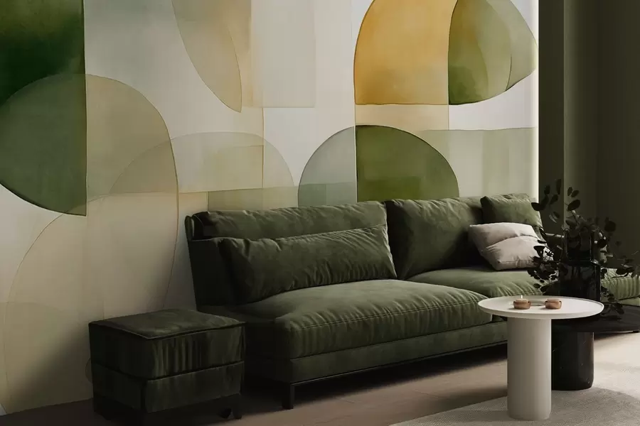 Fototapetai Abstrakčios tekstūruotos formos žalios ir geltonos spalvų atspalviais, prislopinti tonai, minimalistinė kompozicija, neutralus fonas w09467