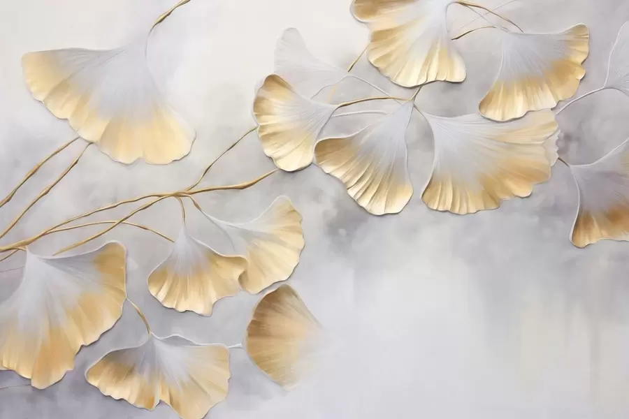 Fototapetai Ginkgo biloba lapai su geltonomis kraštinėmis ant šakos, pilkos tekstūros fonas, elegantiškas ir minimalistinis dizainas w09472