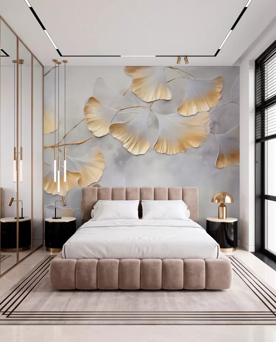 Fototapetai Ginkgo biloba lapai su geltonomis kraštinėmis ant šakos, pilkos tekstūros fonas, elegantiškas ir minimalistinis dizainas w09472