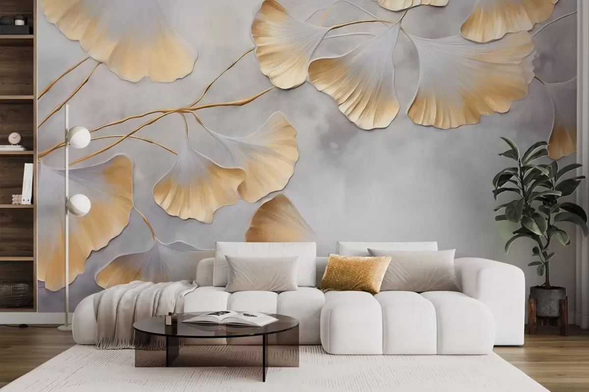 Fototapetai Ginkgo biloba lapai su geltonomis kraštinėmis ant šakos, pilkos tekstūros fonas, elegantiškas ir minimalistinis dizainas w09472