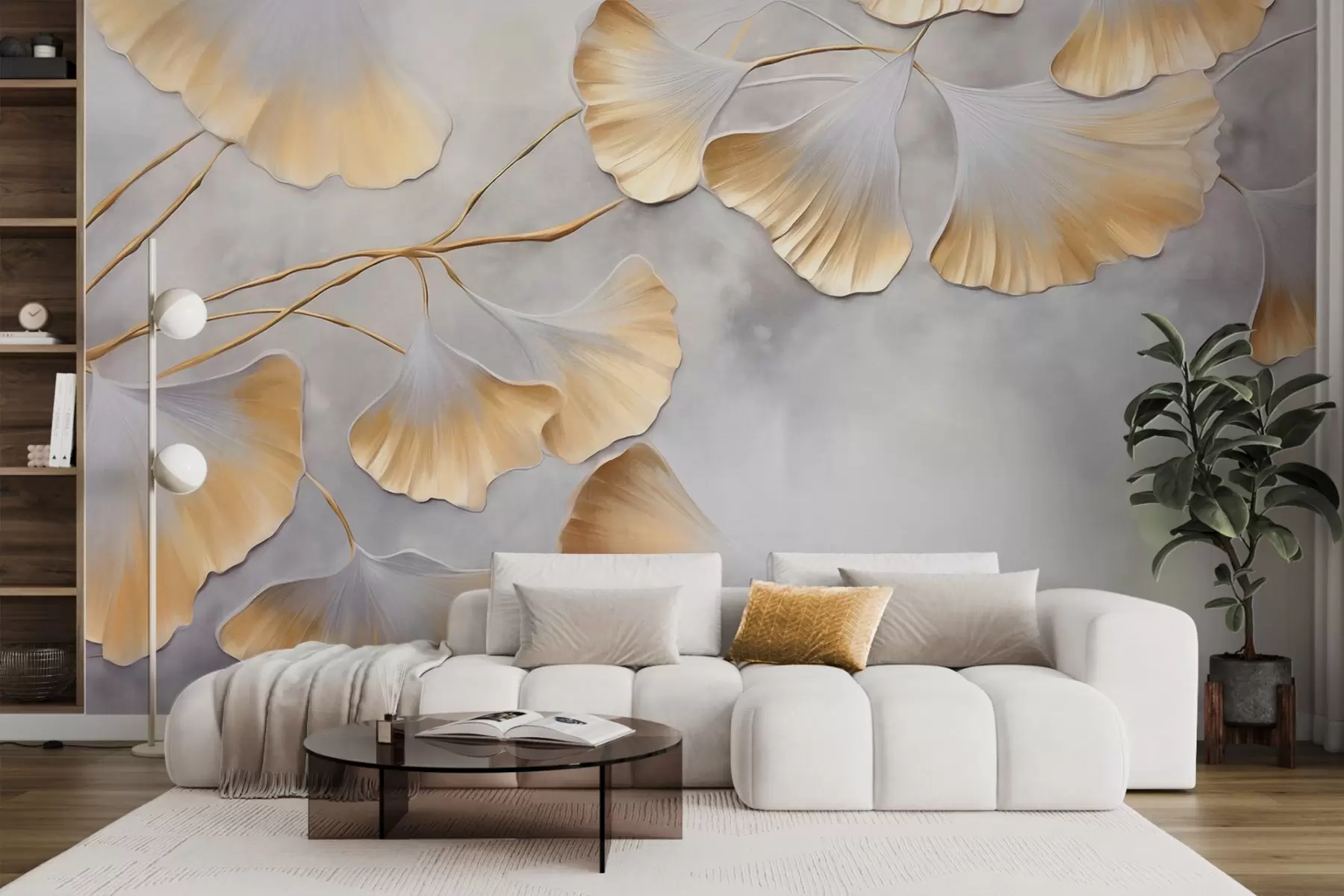 Fototapetai Ginkgo biloba lapai su geltonomis kraštinėmis ant šakos, pilkos tekstūros fonas, elegantiškas ir minimalistinis dizainas w09472