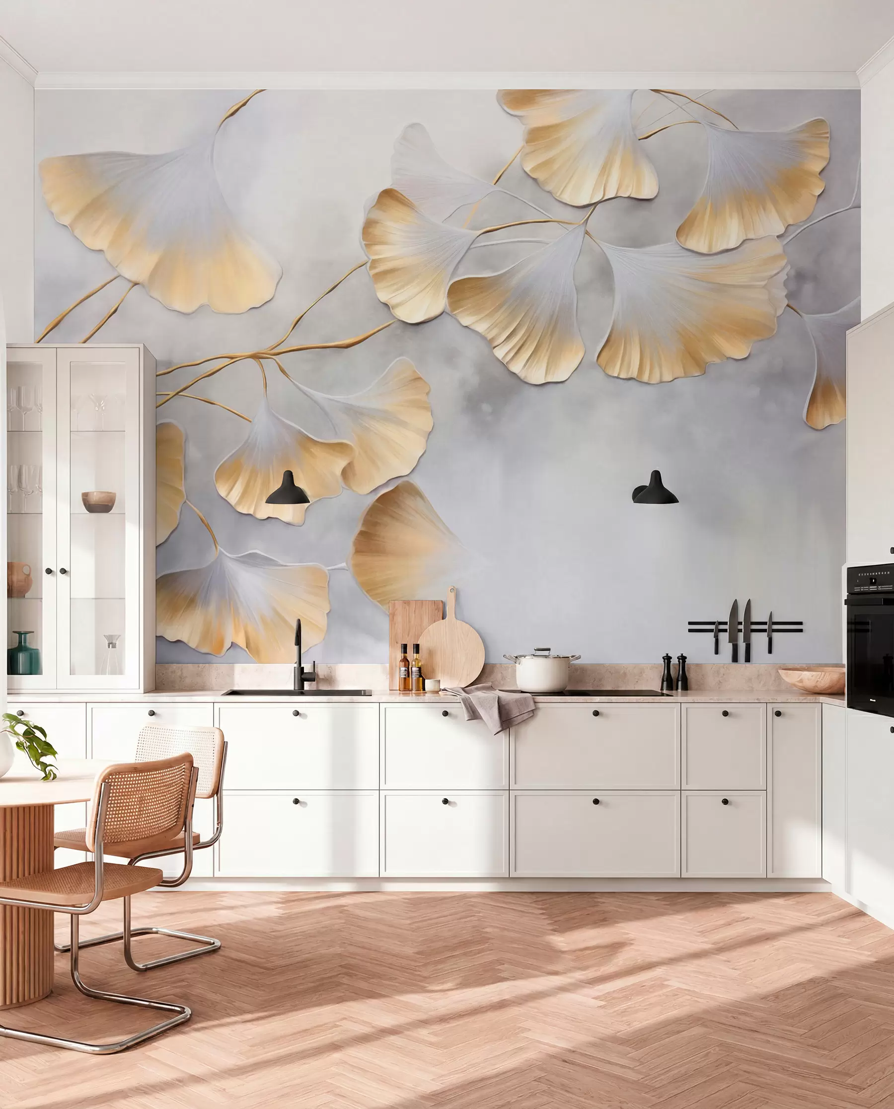 Fototapetai Ginkgo biloba lapai su geltonomis kraštinėmis ant šakos, pilkos tekstūros fonas, elegantiškas ir minimalistinis dizainas w09472