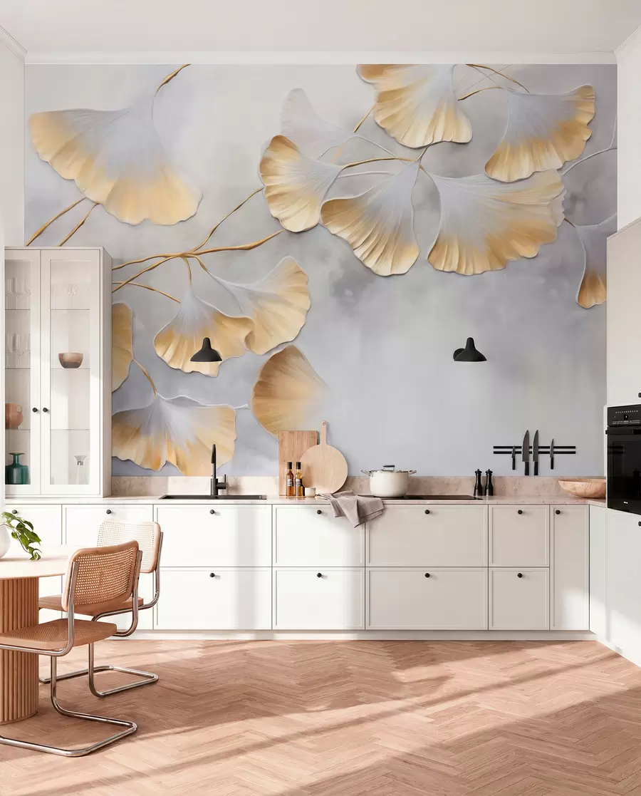 Fototapetai Ginkgo biloba lapai su geltonomis kraštinėmis ant šakos, pilkos tekstūros fonas, elegantiškas ir minimalistinis dizainas w09472