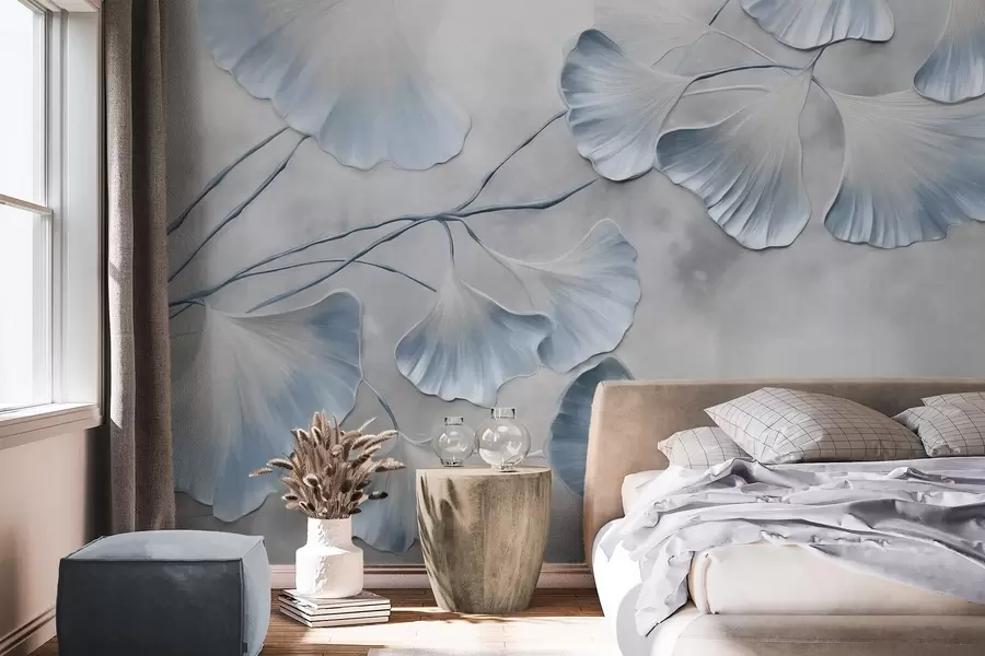 Fototapetai Ginkgo biloba lapai su mėlynais kraštais ant šakos, pilkos tekstūros fonas, elegantiškas ir minimalistinis dizainas w09472v1
