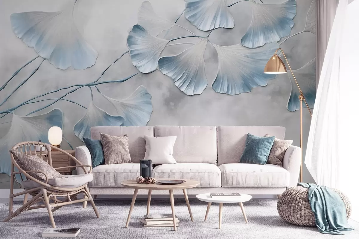 Fototapetai Ginkgo biloba lapai su mėlynais kraštais ant šakos, pilkos tekstūros fonas, elegantiškas ir minimalistinis dizainas w09472v1