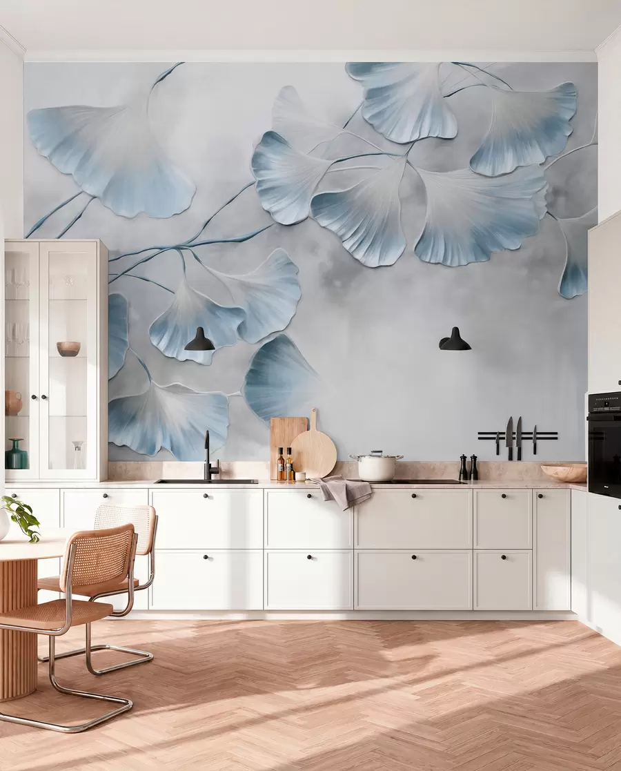Fototapetai Ginkgo biloba lapai su mėlynais kraštais ant šakos, pilkos tekstūros fonas, elegantiškas ir minimalistinis dizainas w09472v1