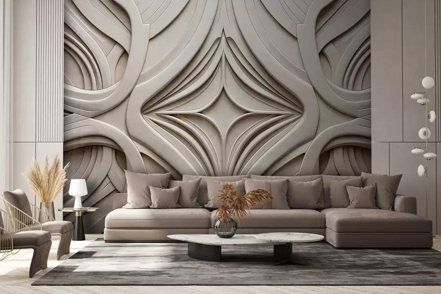 Fototapetai Abstraktus simetriškas tekstūruotas geometrinis raštas, šviesiai smėlio spalvos, art deco stiliaus, sudėtingos detalės w09473