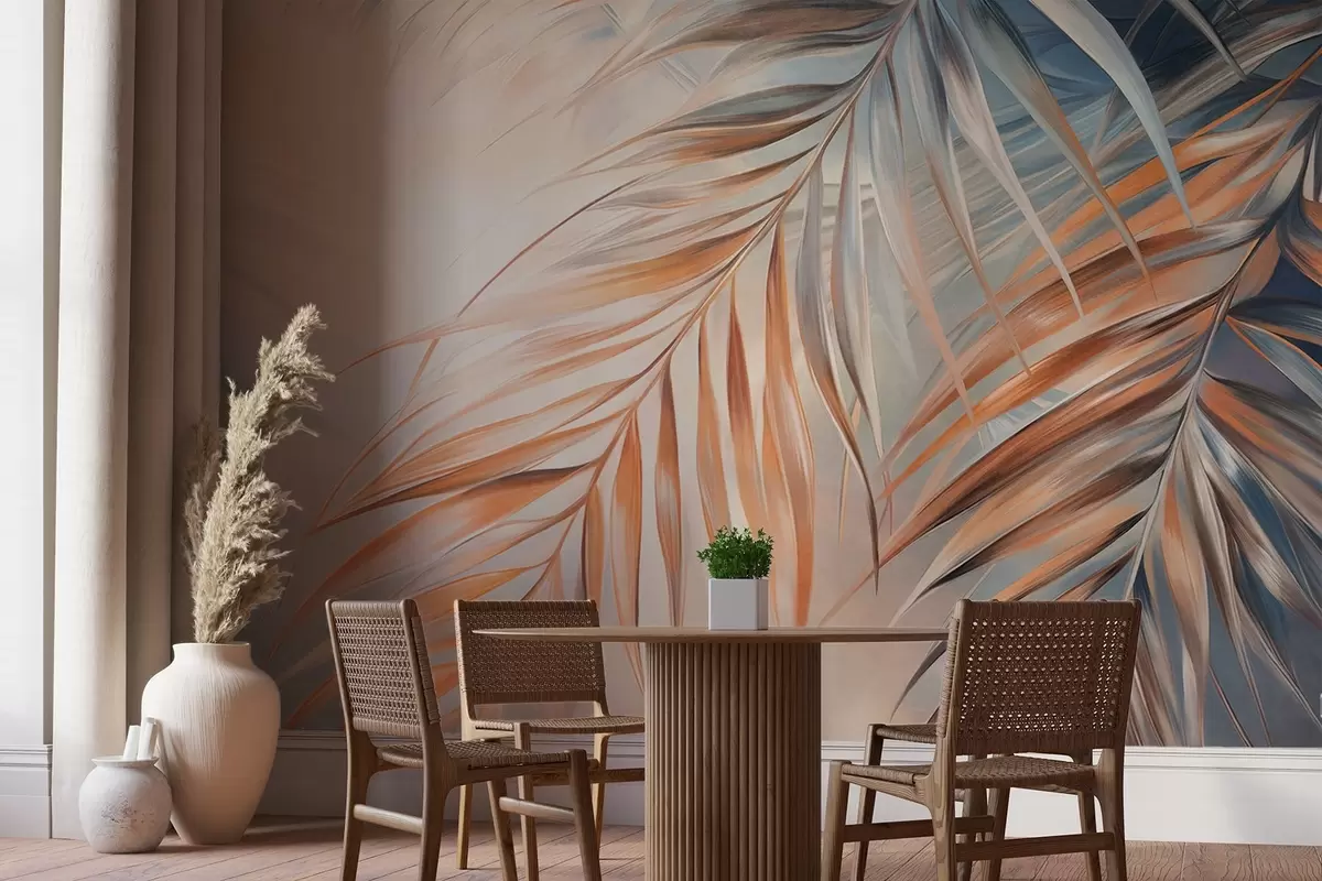 Fototapetai Palmių lapai su oranžiniais ir mėlynais atspalviais, šviesus tekstūruotas fonas su švelniomis spalvomis, elegantiškas tropinis stilius w09475 - Uwalls.lt Fototapetai Palmių lapai su oranžiniais ir mėlynais atspalviais, šviesus tekstūruotas fonas su švelniomis spalvomis, elegantiškas tropinis stilius w09475
