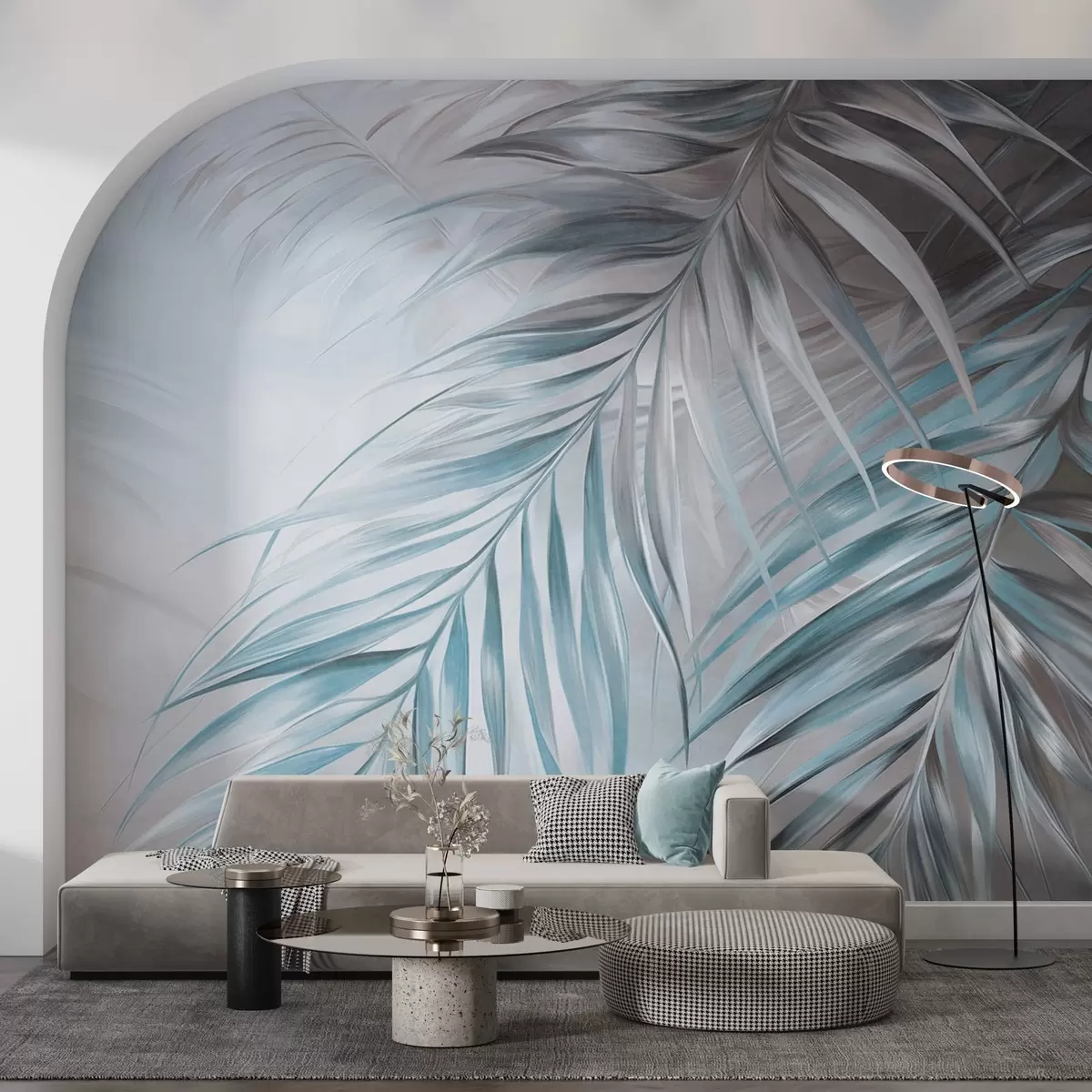 Fototapetai Palmių lapai su pilka ir mėlyna spalvomis, šviesus tekstūruotas fonas su švelniomis spalvomis, elegantiškas tropinis stilius w09475v1