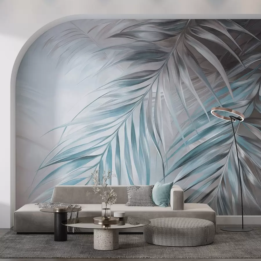 Fototapetai Palmių lapai su pilka ir mėlyna spalvomis, šviesus tekstūruotas fonas su švelniomis spalvomis, elegantiškas tropinis stilius w09475v1