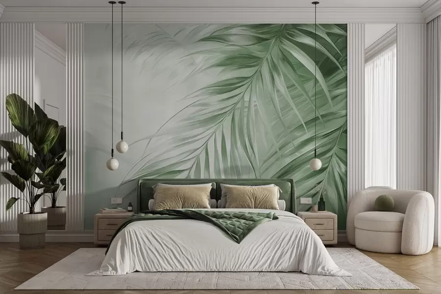 Fototapetai Žalios spalvos palmių lapai, šviesus tekstūruotas fonas su švelniomis spalvomis, elegantiškas tropinis stilius w09475v2