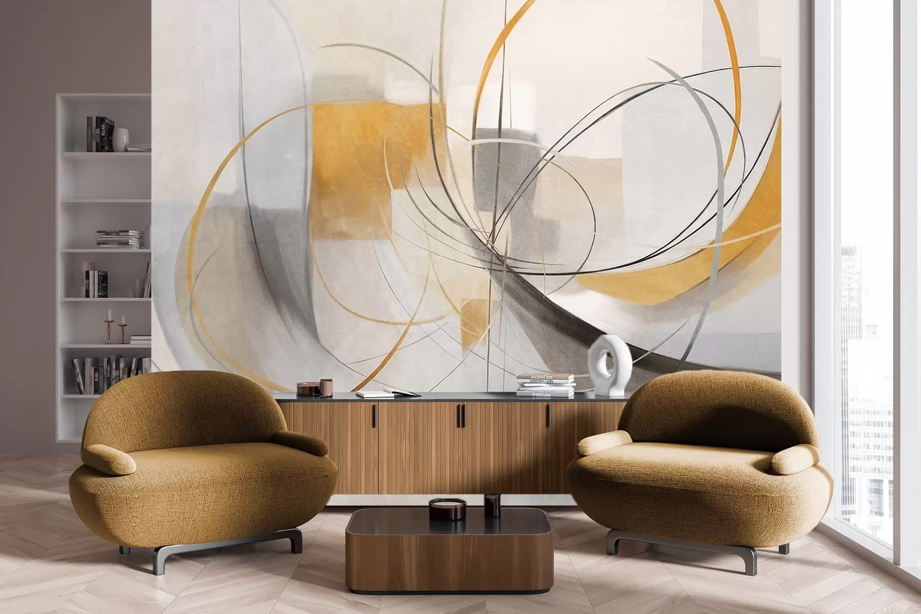 Fototapetai Abstraktus tekstūruotas modernus tapybos stilius su išlenktomis linijomis ir geometrinėmis formomis pilkos, baltos ir oranžinės spalvų atspalviais w09476