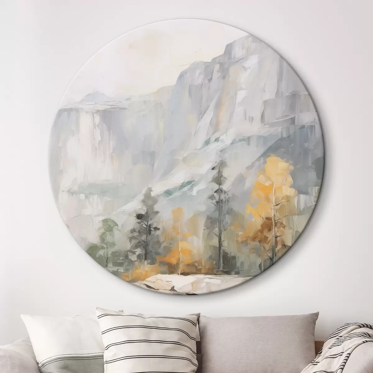 Apvalūs paveikslai Miško peizažas prieš kalnus, tapybos imitacija r46299