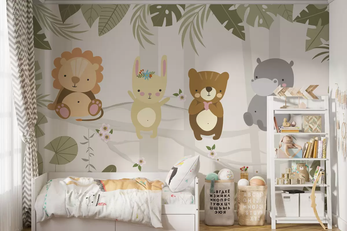 Fototapetai Mielas liūtas, zuikis, lokys ir begemotas tarp lapų w04682