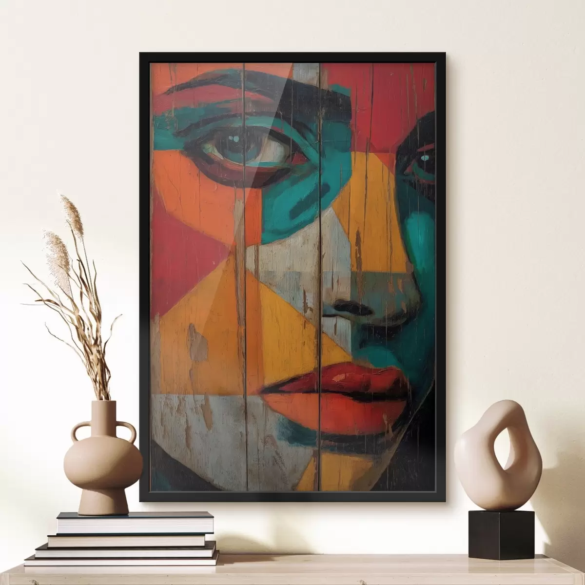 Plakatas Ryškus geometrinis veido portretas ant medinių lentų f46165