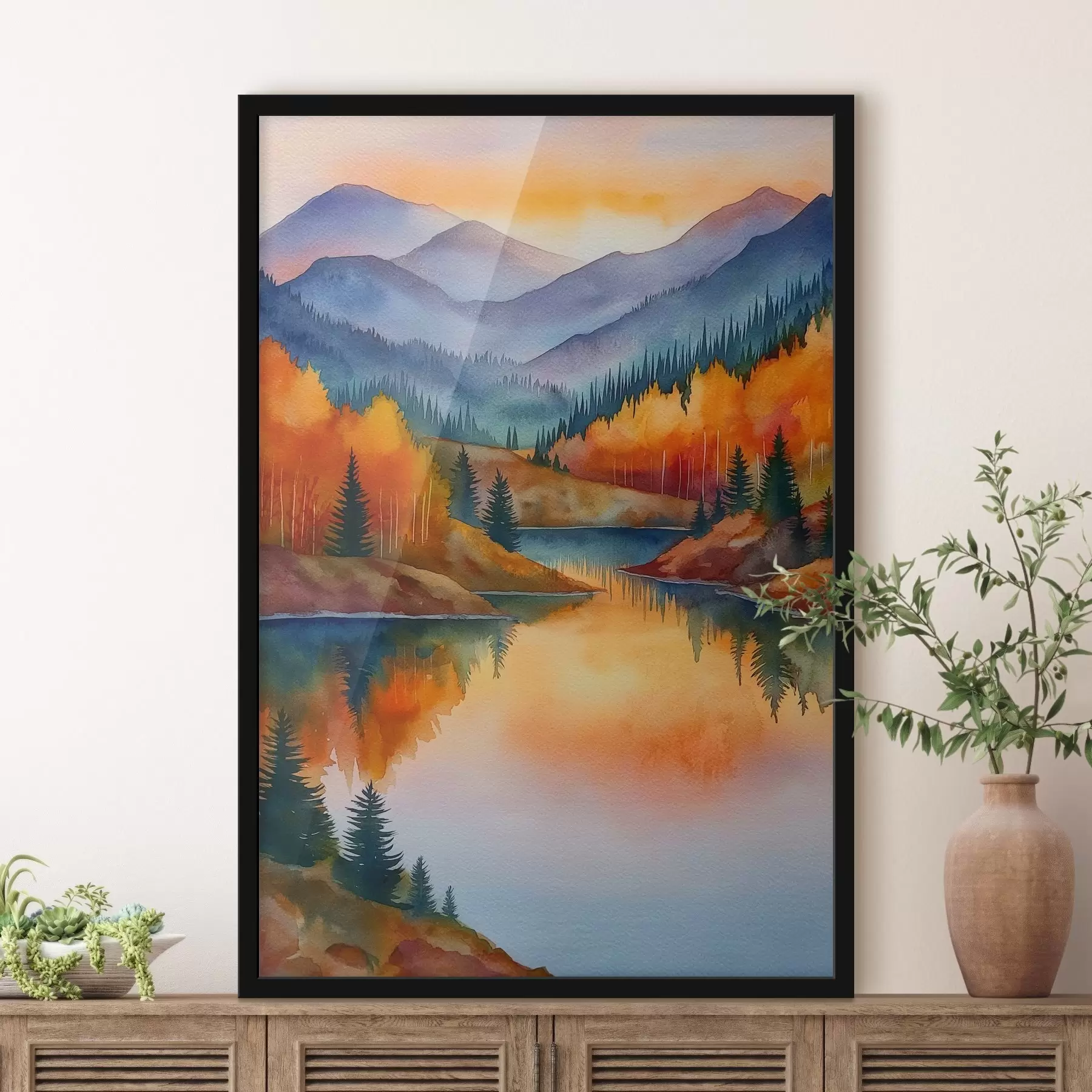 Fototapetai Rudens peizažas su kalnais, atsispindinčiais ramioje ežero vandenyje f46174