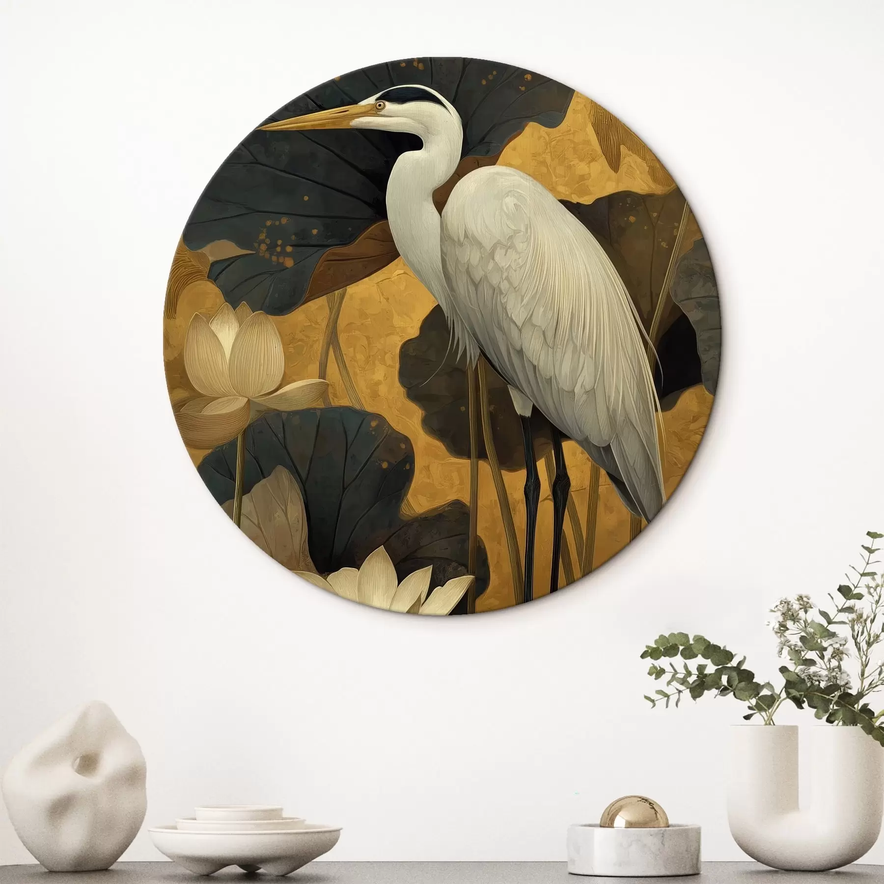 Paveikslėlis Gervė tarp lotoso žiedų šiltame fone r46148