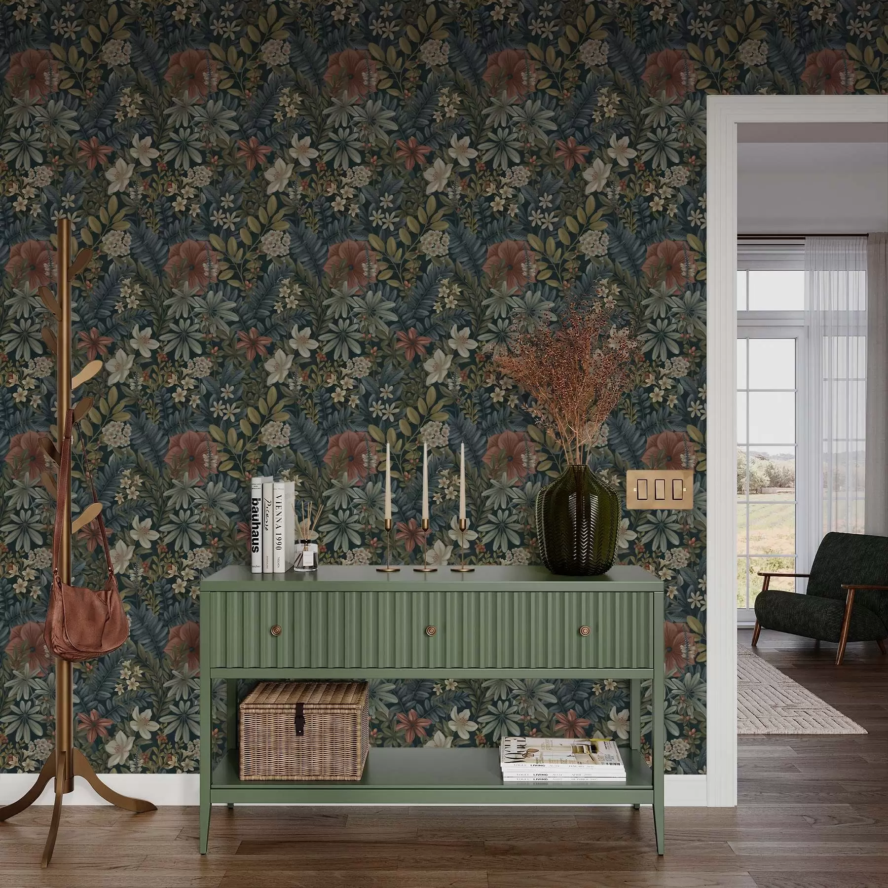 Fototapetai Tamsus fonas su tankiais šiltais atspalviais žiedais ir lapais a00678