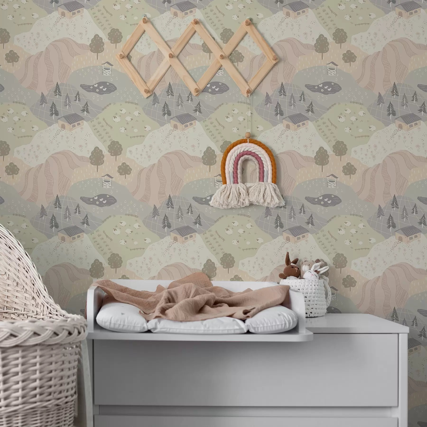 Fototapetai Pasakų kraštovaizdis su medžiais, žąsimis ir avimis a00728