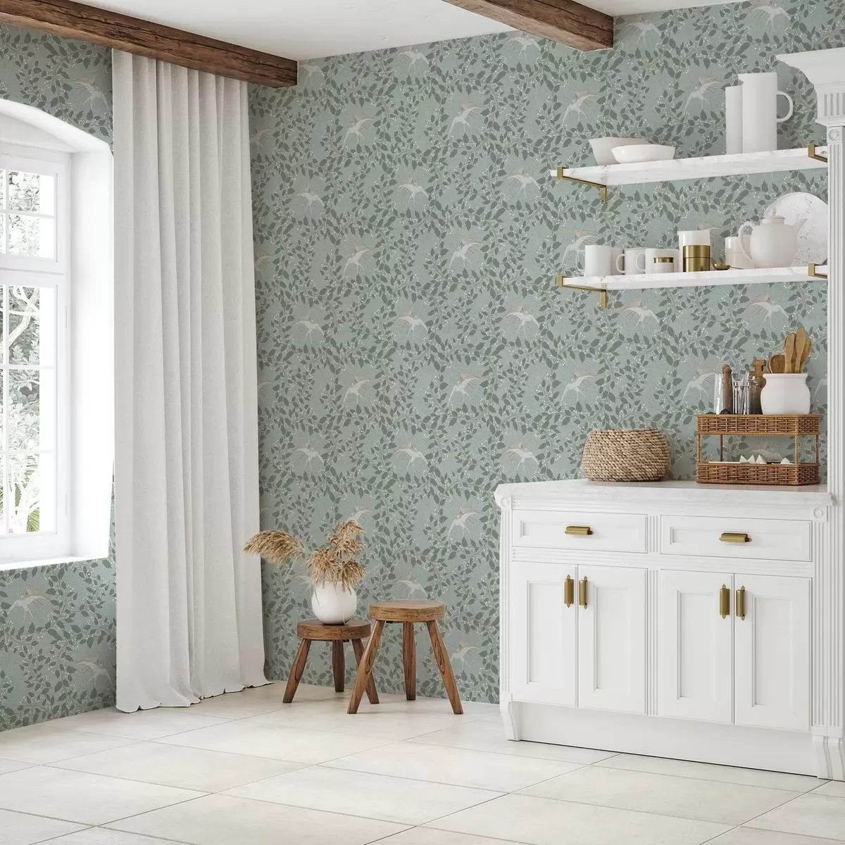 Tapetai Šakos su baltomis uogomis ir paukščiais ant žalios fono a00731 Tapetai Šakos su baltomis uogomis ir paukščiais ant žalios fono a00731