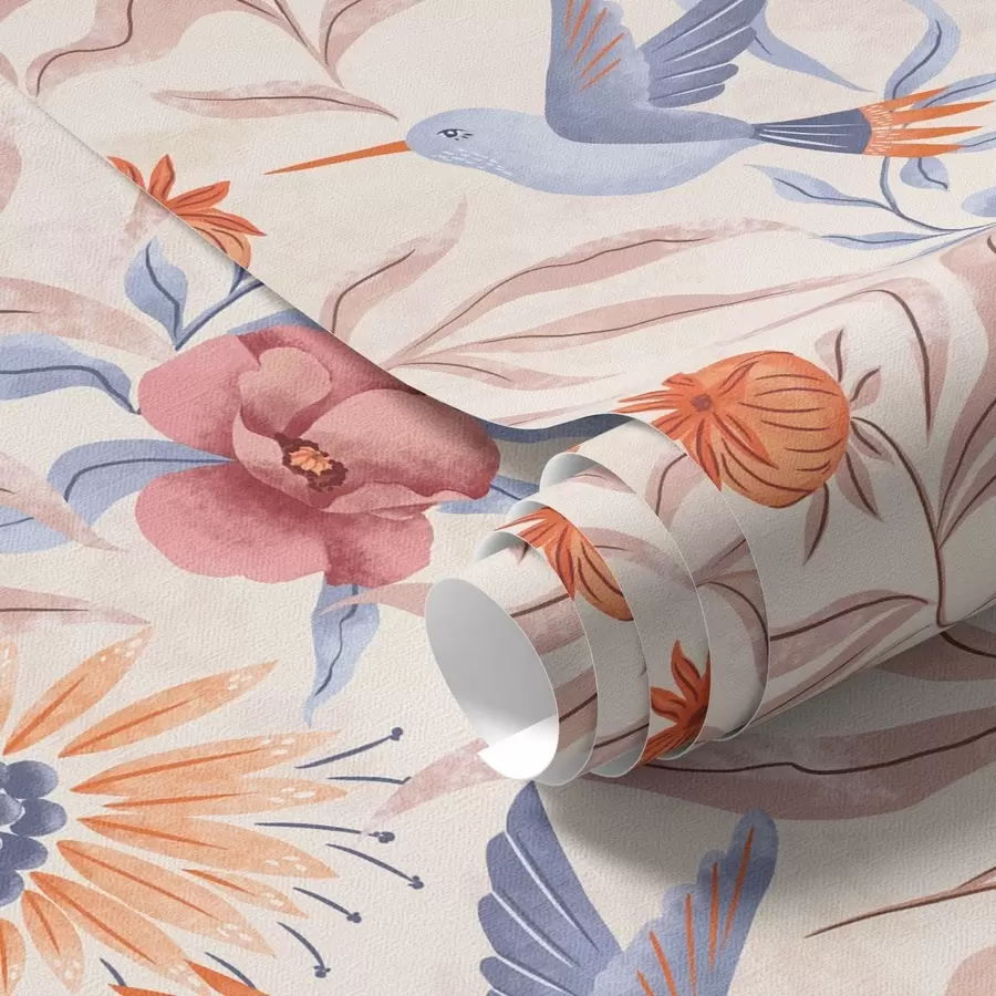 Fototapetai Kolibriai tarp didelių rožinių ir mėlynų atspalvių gėlių a00733