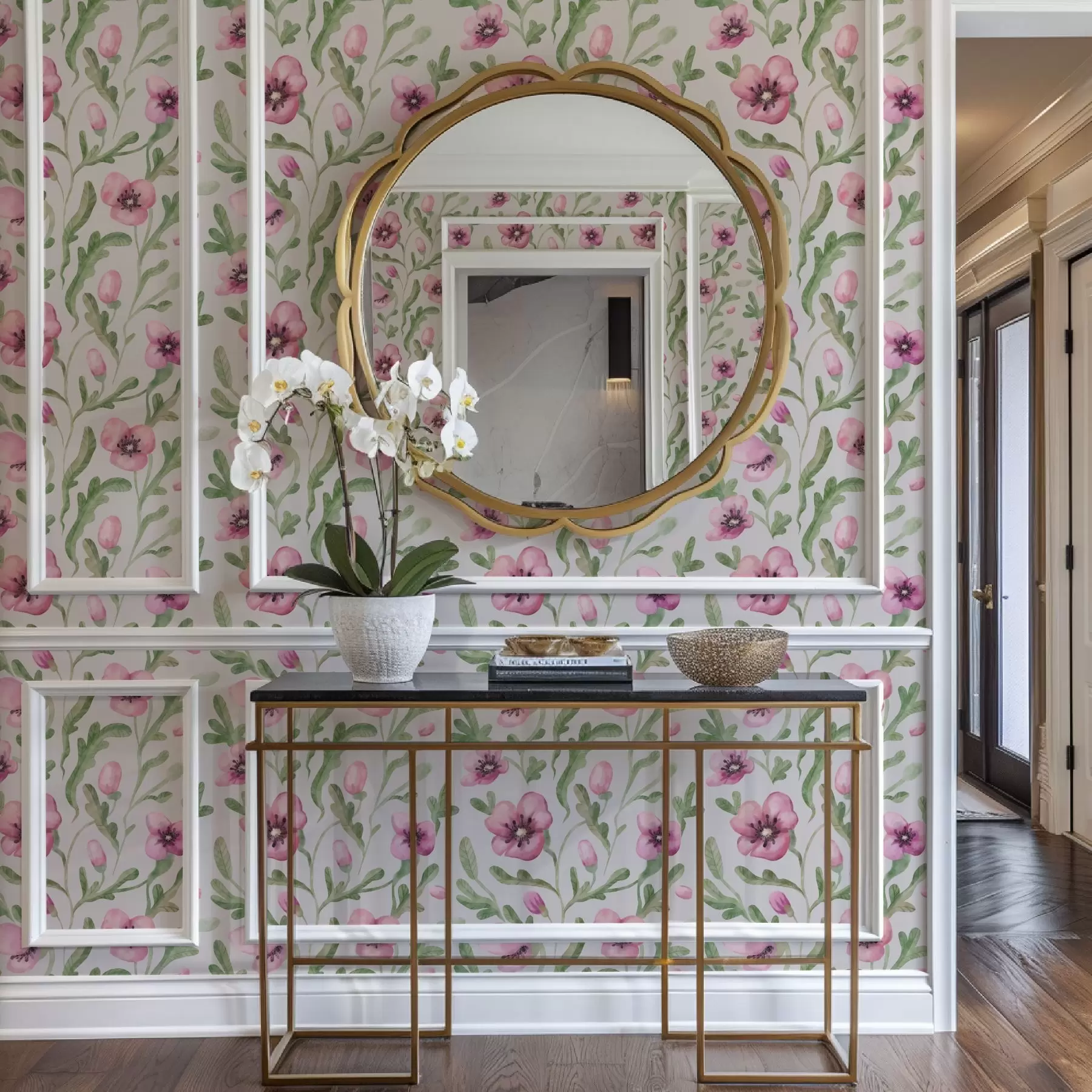 Fototapetai Subtilūs rožiniai aguonai su lapais, tapyti akvarele a00830