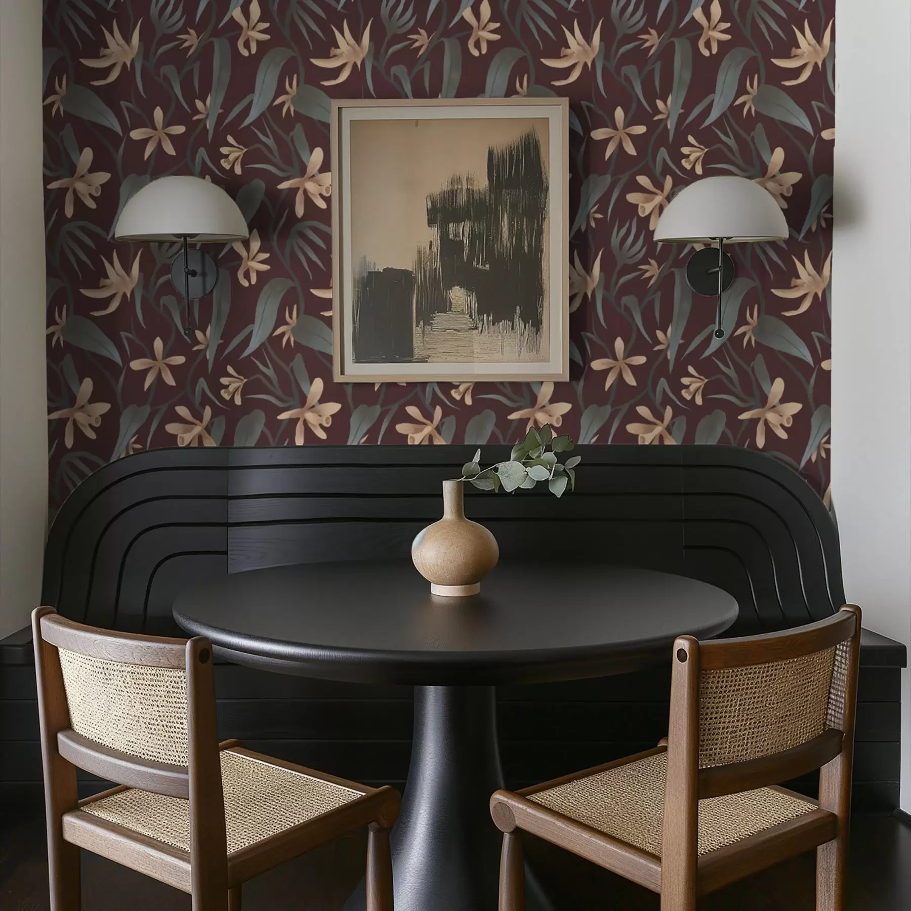 Fototapetai Kreminės gėlės su pilkais lapais ant bordo fono a00833