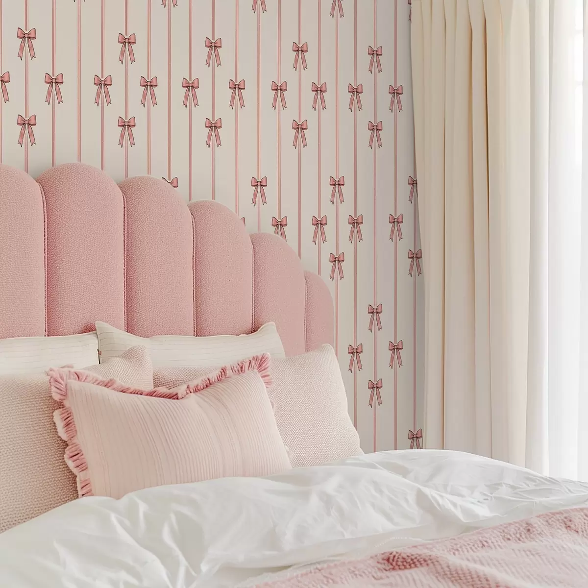 Tapetai Vertikalios juostelės su kaspinais, dramblio kaulo spalvos fonas a00653