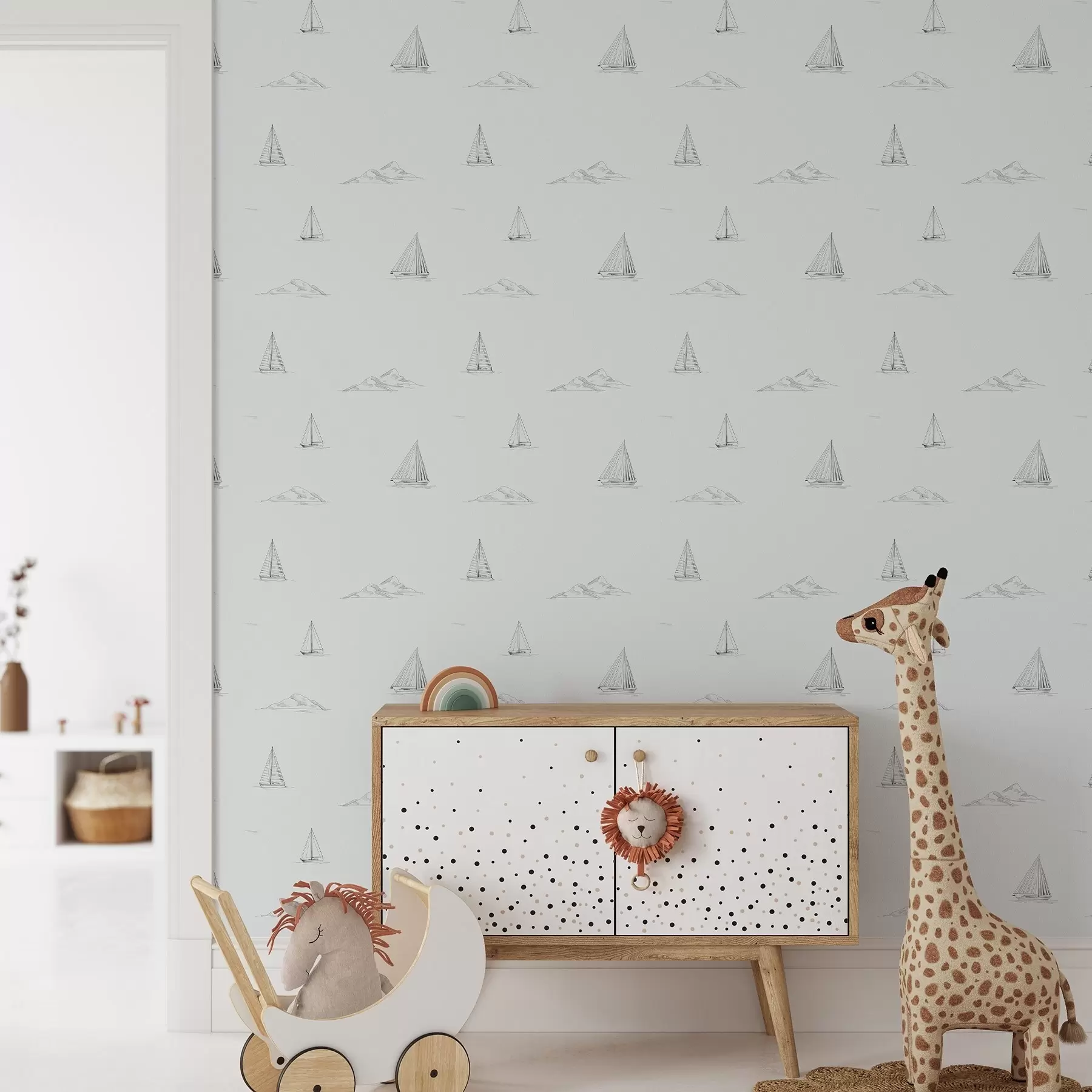 Fototapetai Pieškite jachtas ir salas, šaltą mėlynai pilką foną a00654