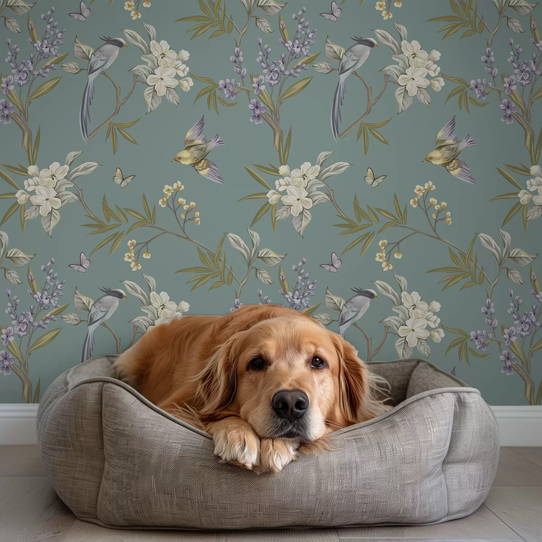 Fototapetai Paukščiai, gėlės ir drugeliai ant mėlynai pilko fono a00735