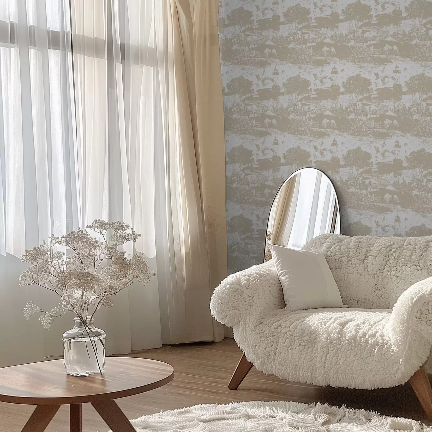 Fototapetai Scena su švyturiu, medžiais ir namais sienos spalvos fone a00739