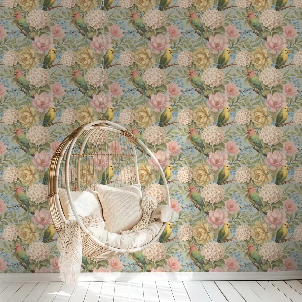 Tapetai Papūgos tarp bijūnų, hortenzijų ir magnolijų a00747