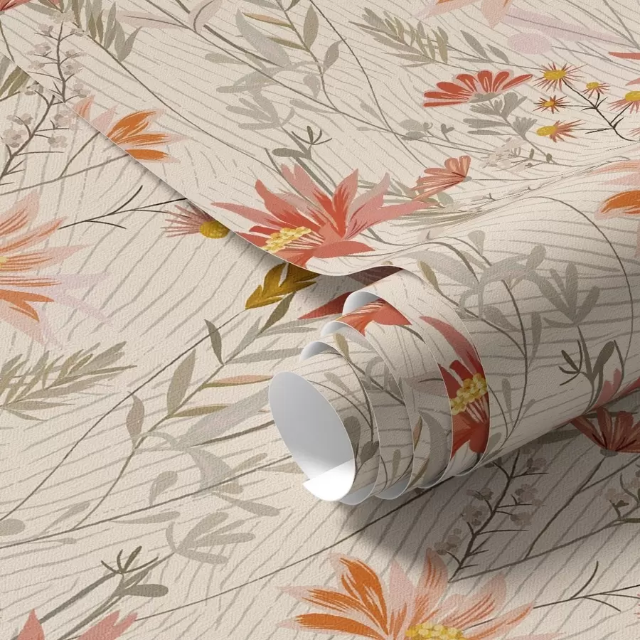 Fototapetai Šiltų atspalvių lauko gėlės ant smėlio spalvos fono a00751