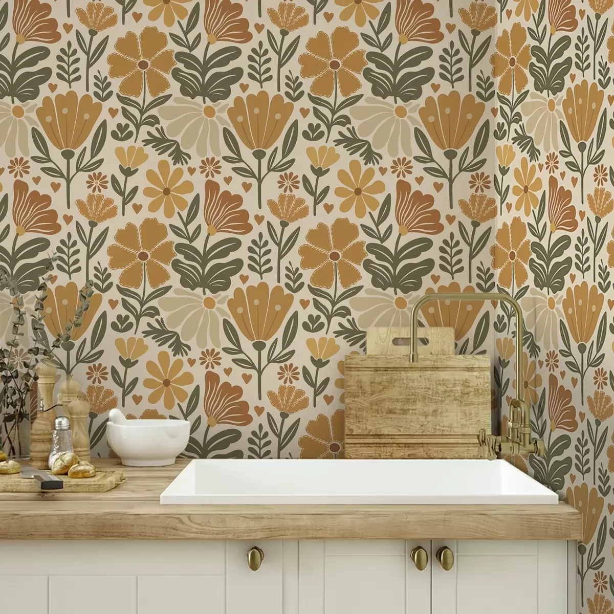 Tapetai Stilizuotos gėlės šiltų atspalvių su širdelėmis a00752 Tapetai Stilizuotos gėlės šiltų atspalvių su širdelėmis a00752