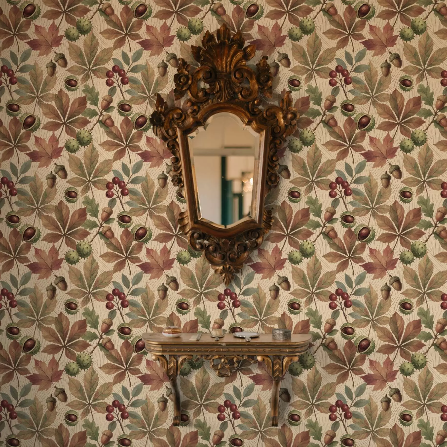 Fototapetai Rudens lapai, gilės ir uogos ant smėlio spalvos fono a00754