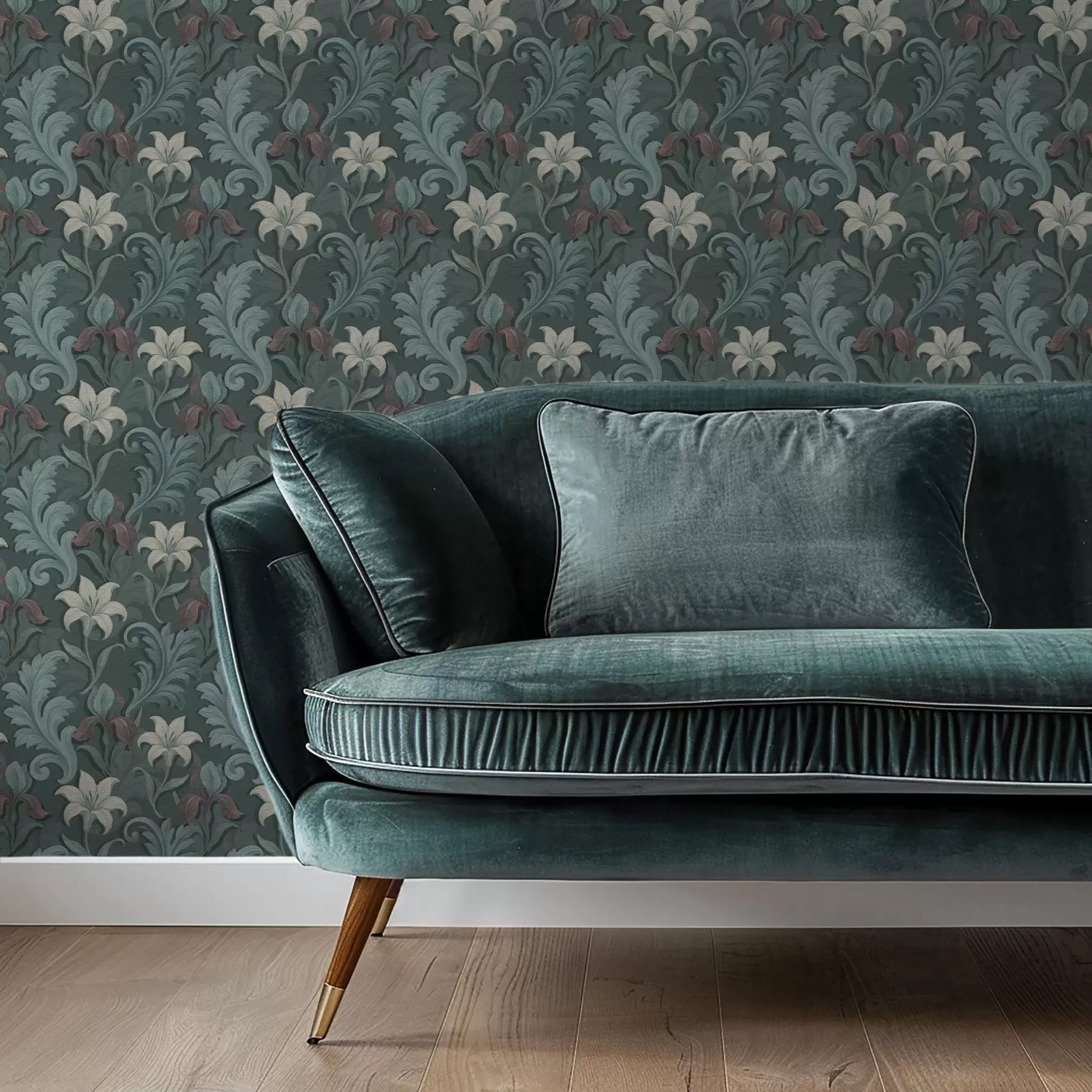 Fototapetai Tamsiai žalias fonas su vilkdalgiais ir dekoratyviniais lapais a00755