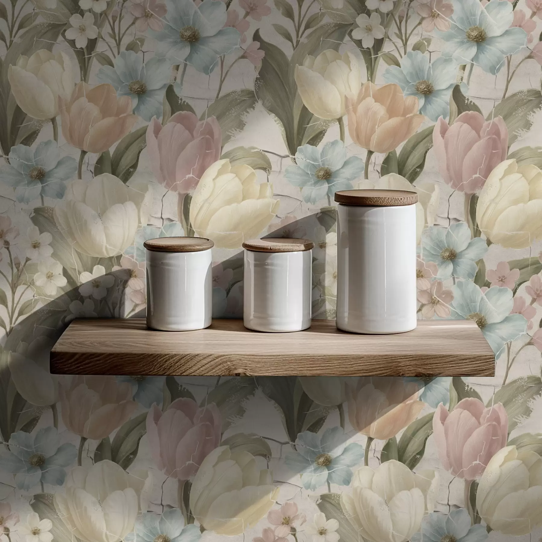 Fototapetai Pastelinės tulpės ir gėlės ant šviesaus įtrūkusio fono a00756