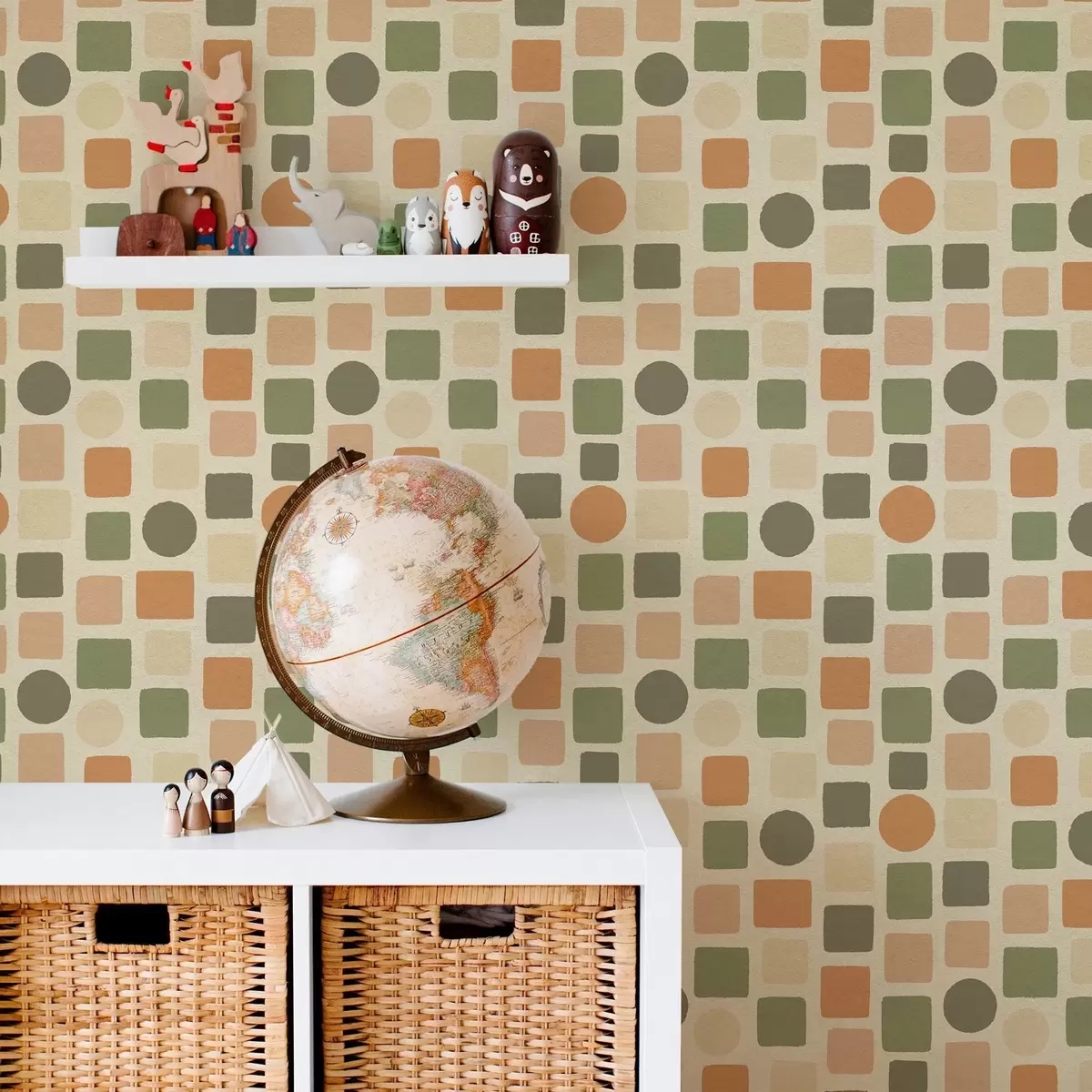 Tapetai Geometrinis kvadratų ir apskritimų raštas šiltų atspalvių a00759