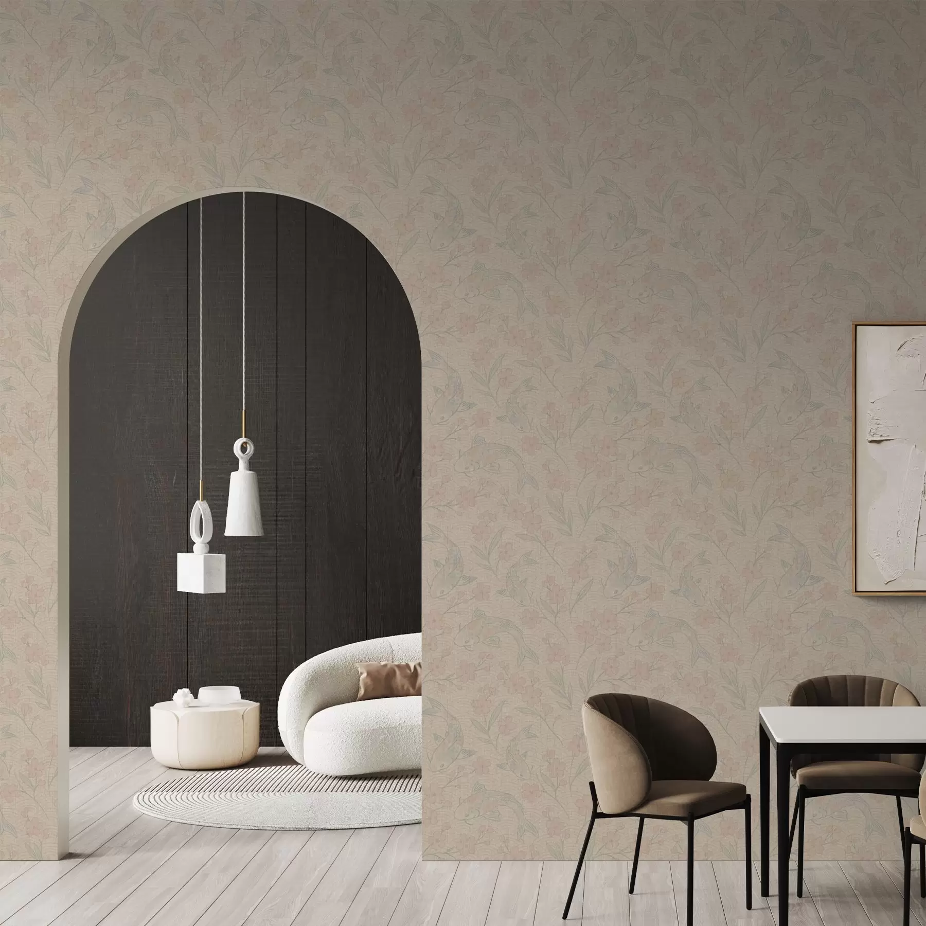 Fototapetai Karosai tarp gėlių švelniais smėlio-rožiniais atspalviais a00766